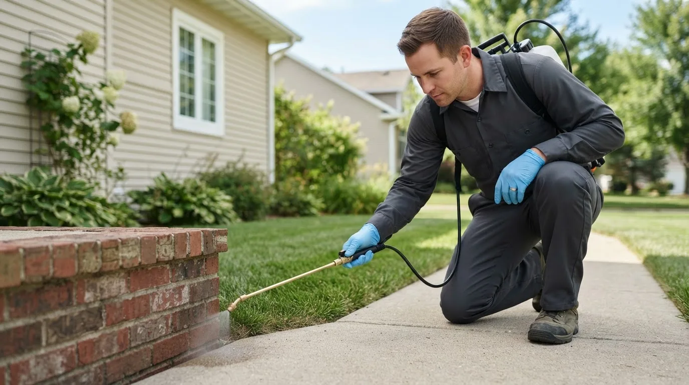 Pest control technician treating a home near Waubay, SD